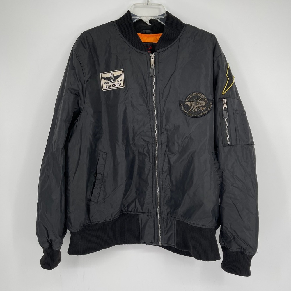 Yoki Men's Black Flight MA-1 Military Patches Full Zip Moto Bomber Jacket Size L